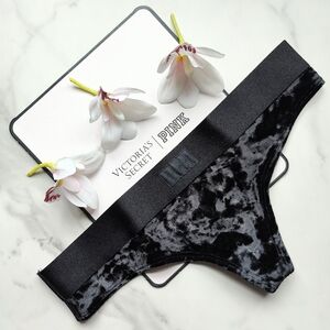 NWT PINK VICTORIA'S SECRET VELVET THONG PANTY IN PURE BLACK SIZE SMALL